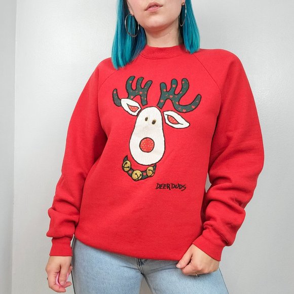Fruit of the Loom Tops - Vintage 80s/90s Red Reindeer Holiday Christmas Sweatshirt